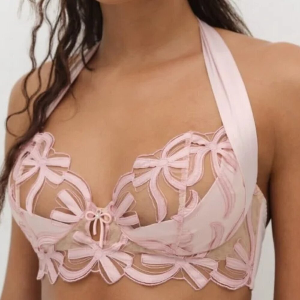 New! For Love And Lemons Hallie Underwire Pink Satin Lace Bra 38D 1396 - Picture 6 of 7